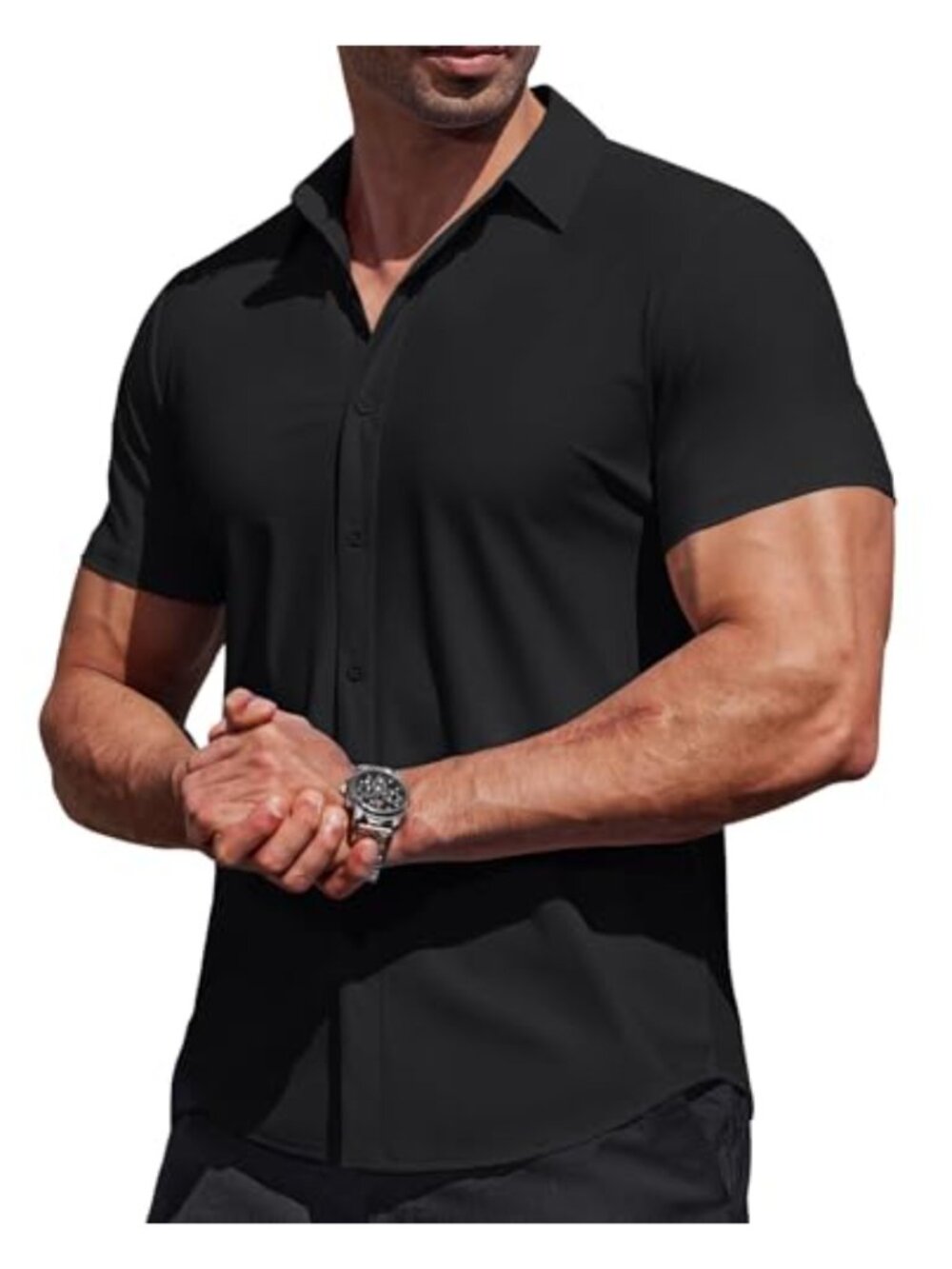 Wrinkle Free 4-Way Stretch Muscle Fit Short Sleeve Dress Shirt